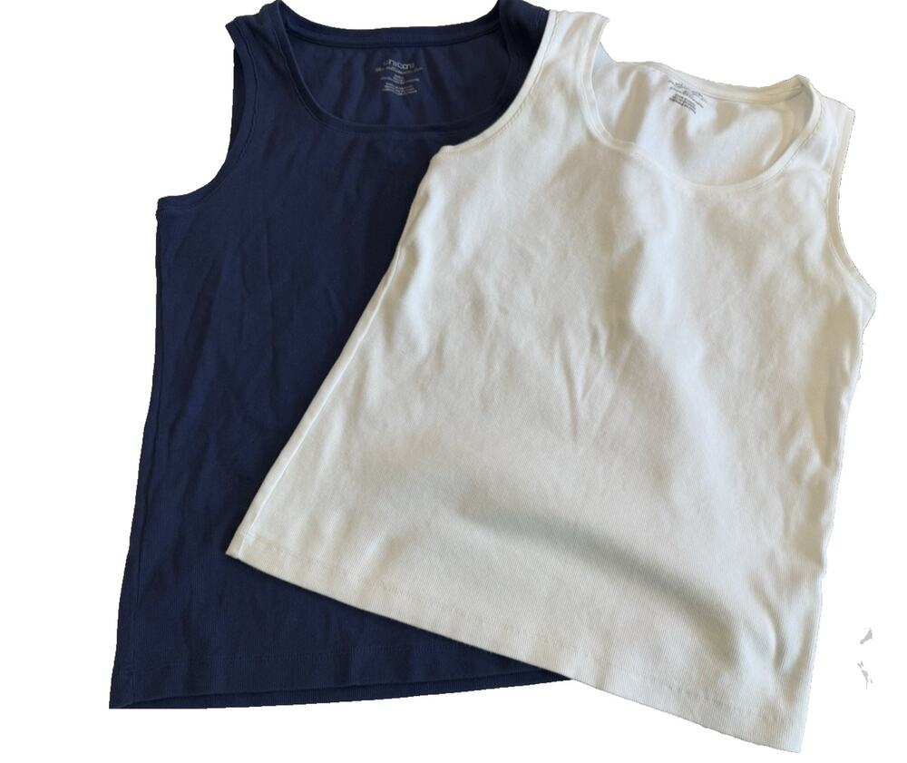 Chico's Pima Cotton Tank Top 2 Piece Set Navy White Size 2 Large Sleeveless